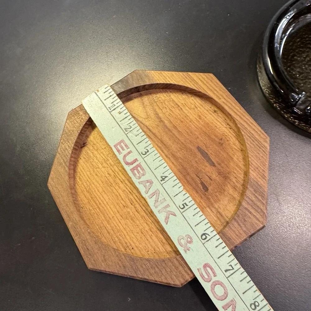 Vintage Amber Glass Ashtray Octagon Wood Base  Cigar /‎ Cigarette
